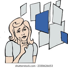 Woman analyzing data looking at the screens.
