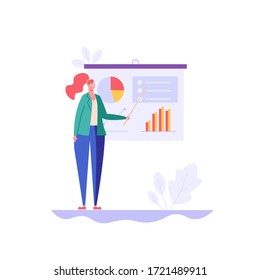 Woman analyzing data on a chart. Business analysis. Concept of big data, analysis process, business presentation and financial research. Vector illustration in flat design for UI, banner, mobile app