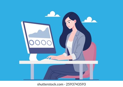 Woman analyzing data on a computer, showcasing concentration and productivity in the workplace.  Perfect for business, technology, and data analysis themes.