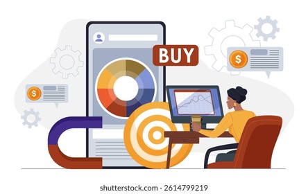 Woman analyzing data on a computer, with smartphone screen, target, magnet, and dollar icons around, on a white background. Concept of online marketing. Vector illustration