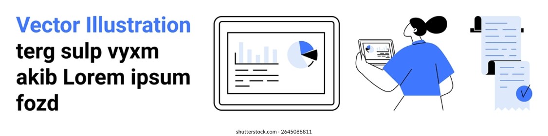 Woman analyzing data on tablet, bar chart, pie chart on monitor, document with seal. Ideal for reports, analytics, presentations, infographics, web design, education, office themes. Landing page