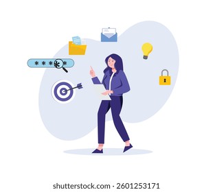 Woman analyzing data security and online targets with ideas for protection and safety great for business and technology concepts.