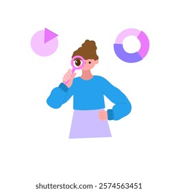 woman analyzing data and statistics with magnifying glass flat design illustration