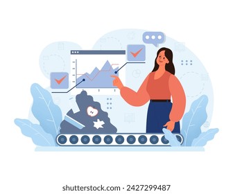 Woman analyzing data trends while highlighting efficient waste management practices. Convergence of technology and eco-friendly methods. Flat vector illustration.