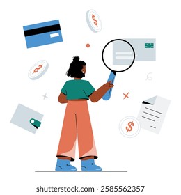 Woman Analyzing Financial Data With A Magnifying Glass In Flat Vector Illustration Symbolizing Budget Review, Financial Investigation, And Money Management, Isolated On White Background.