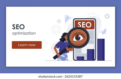 Woman analyzing SEO data through magnifying glass near mobile device, flat style, on white background with gears and bar charts. Concept of digital marketing. Vector illustration