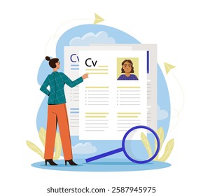 A woman is analyzing a stack of CVs, pointing at one with a magnifying glass beside her. The background features clouds, leaves, and paper planes. Hiring concept. Vector illustration