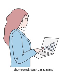 Woman analyzing statistics on laptop screen. Hand drawn vector illustration.