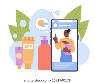 Woman analyzing sunscreens. Young girl on smartphone screen with bottles of spf. Cosmetics products for skin protection from ultraviolet. Cosmetology and dermatology. Flat vector illustration