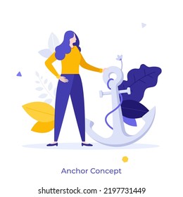 Woman and anchor with chain. Concept of docking or mooring, anchorage, marine transport, maritime transportation, seaport service, seafaring. Modern flat vector illustration for poster, banner.