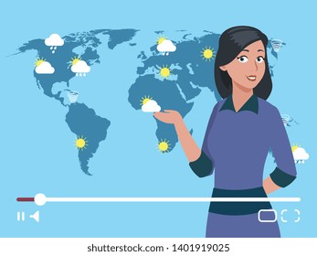 Woman anchorman weather channel vector illustration. Worldwide weather forecast concept