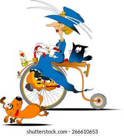 Woman in ancient dress on an old bicycle, vector