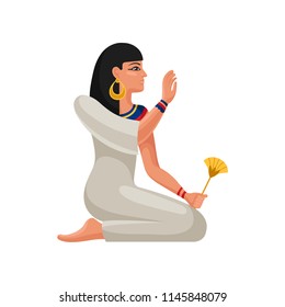 Mujer del antiguo Egipto. Caricatura de personaje femenino con traje y accesorios tradicionales. Diseño vectorial plano