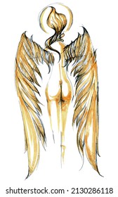 Woman angel with big wings. Line drawing. Female body