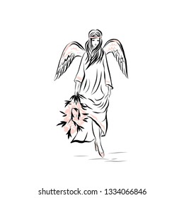 Woman angel with flowers. Graphic vintage linear drawing. Concept for religious holidays - Easter, Christmas. Biblical heavenly symbol of man with wings. Illustration for children's books, cards