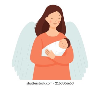 Woman angel holds a newborn baby in her arms. Happy motherhood. Vector flat illustration.