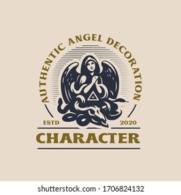 Woman angel in a hood and with wings prays. Below her is the skull of a horned animal, a snake and an all-seeing eye in a triangle. Vector logo.