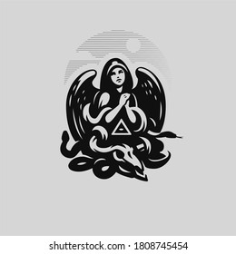 Woman angel in a hood and with wings prays. Below her is the skull of a horned animal, a snake and an all-seeing eye in a triangle. Vector logo.