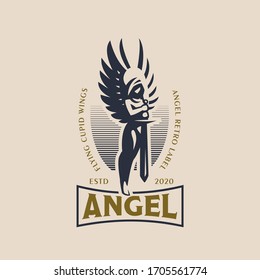 Woman angel in the hood and with wings and a sword in her hands. Angel of the Apocalypse. Vector logo.