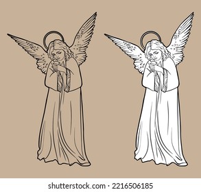Woman Angel. isolated illustration of angel . black and white drawing, white background. .  For coloring books and your design