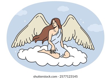 Woman angel with large wings sits on flying cloud in heaven, symbolizing innocence and purity or absence of harmful thoughts. Beautiful girl with angel wings and long hair smiles soaring in sky