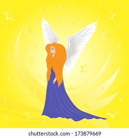 Woman angel on abstract yellow background. Hand drawing vector illustration