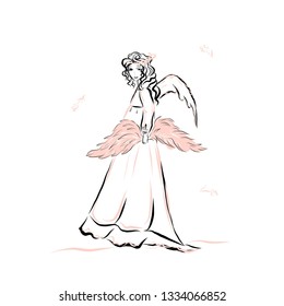 Woman angel with pink wings. Concept for religious holidays - Easter, Christmas. Biblical heavenly symbol of man with wings. Illustration for children's books, cards