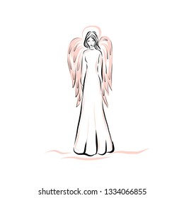 Woman angel with pink wings. Concept for religious holidays - Easter, Christmas. Biblical heavenly symbol of man with wings. Illustration for children's books, cards