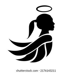 Woman Angel With Wings And Halo Isolated Black Silhouette. Flat Simple Vector Emblem. Simple Shadow Shape. Female Beauty Fashion Logo Design Element.