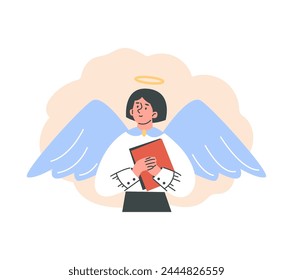 Woman with angel wings and halo smiles. Cartoon positive goddess female character holding a folder in hands. Vector illustration isolated on white background. Heaven symbol, good way sign.