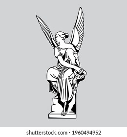 woman with angel wings and laurel wine in her hands, sits on a stone 