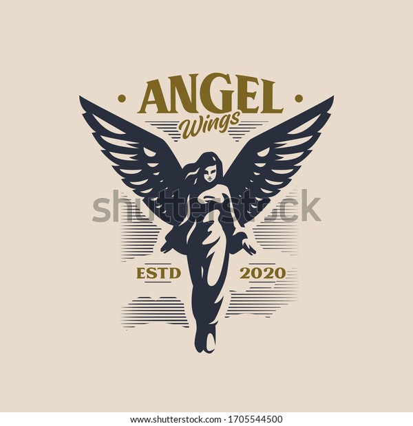 Woman angel with wings\
takes off, spreading its wings. Her hair fluttering hair, she\
spreads her arms to the sides. Behind her are clouds and the sun.\
Vector logo.