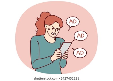 Woman is angry after receiving another promotional message from store using spam to attract new customers. Girl with tablet is nervous because of spam preventing from playing game or reading article