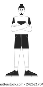 Woman angry arms crossed black and white cartoon flat illustration. Mad pouting adult male 2D lineart character isolated. Emotional expressing, body language monochrome scene vector outline image