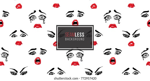Woman angry, cry, fearful, sad vector emoticons, emoji, smiley icons, characters. Fashion illustrated women's emotional faces seamless pattern.