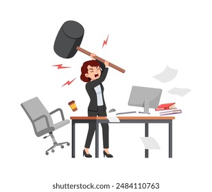 woman angry, employee working on office with computer, holding big hammer