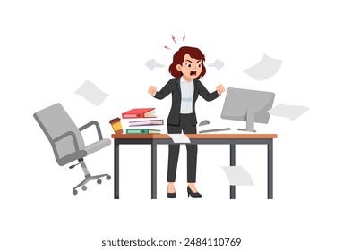 woman angry, employee working on office with computer, scream and angry