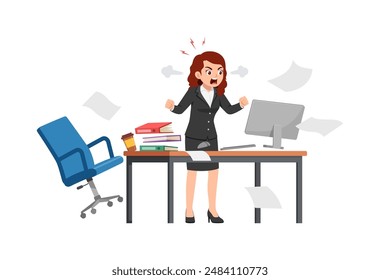 woman angry, employee working on office with computer, scream and angry