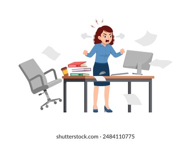 woman angry, employee working on office with computer, scream and angry