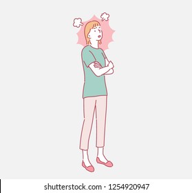 A Woman Is Angry With Her Arms Folded. Hand Drawn Style Vector Design Illustrations.