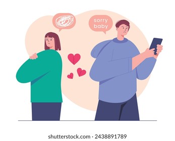 Woman is angry with her boyfriend in chat, young couple. Character design. Vector flat illustration