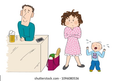 Woman angry with her husband. She is standing with her arms crossed, full shopping bag next to her. Man is standing and smiling, glass of beer in front of him. Their child, little boy, is crying.