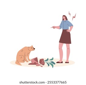 Woman angry on dog. Sad puppy dropped flower pot and it broke. Pet training, bad behavior animal and swearing owner. Pets vector concept