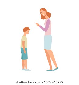 Woman angry at son, mother scolding and pointing finger at a sad kid, nanny punishing a child for poor discipline, crying boy in trouble, hand drawn flat cartoon style isolated vector illustration