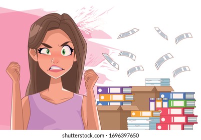 woman angry with stress symptom and pile documents vector illustration design