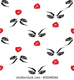 Woman angry vector emoticons, emoji, smiley icons, characters. Fashion illustrated women's emotional faces seamless pattern.