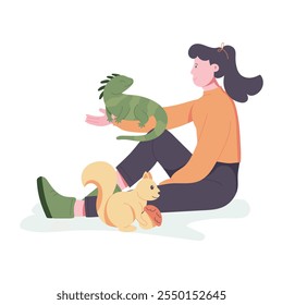 A woman animal lover, a flat style illustration 