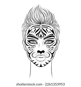 Woman with animal make-up on her face. Face art.Hand drawn illustration.