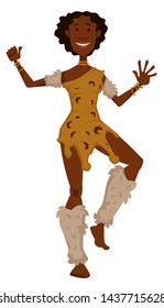 Woman in animal skin and fur dancing African tribe vector isolated female characters native aborigine desert dweller traditions and customs ritual dance tourism and culture girl with afro hair.