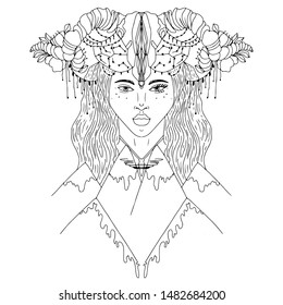 Woman with animal skull on her head. Black and white illustration. Adult coloring book. Illustration for posters and cards .Vector